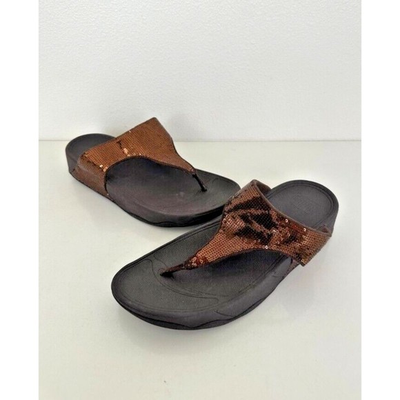 FitFlop Women's ELECTRA Sequin Toe-Post Sandals Brown Platform Size 9 Orthopedic - Picture 1 of 9